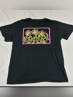 Authentic Keith Haring T Shirt Size L Black Dancing Flowers Buddies Unisex